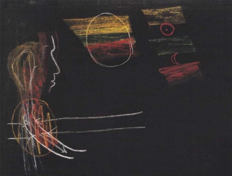 Wandtafel vom 18.4.1924 (oberer Teil): die strahlende Kopf-Figur, das gelb-grün-rote Oval und die Farbfelder – die Scheidung von Denken, Fühlen, Wollen.