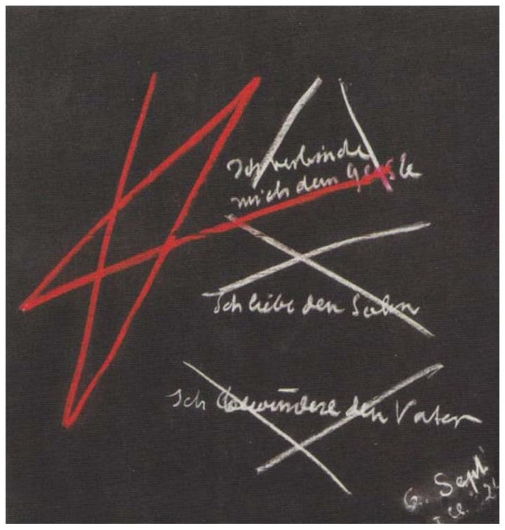 Wandtafel Rudolf Steiners vom 6. September 1924: das rote Michael-Zeichen sowie die drei weissen Siegelgesten mit den Worten ‹Ich verbinde mich dem Geiste› (oben), ‹Ich liebe den Sohn› (Mitte), ‹Ich bewundere den Vater› (unten); unten rechts das Datum ‹6. Sept. 24›.
